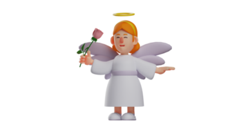 3d ilustración. romántico ángel 3d dibujos animados personaje. romántico ángel que lleva un Rosa. el ángel sonrió hermosamente y estaba contento a ver el flor él estaba tenencia. 3d dibujos animados personaje png