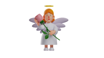 3d ilustración. hermosa ángel 3d dibujos animados personaje. pequeño ángel que lleva un grande Rosa. contento ángel tiene un grande Rosa. ángel sonrió dulcemente. 3d dibujos animados personaje png