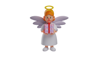 3d ilustración. bueno ángel 3d dibujos animados personaje. romántico ángel que lleva un regalo caja. hermosa ángel mira a el regalo ella consiguió. ángel es sensación contento. 3d dibujos animados personaje png