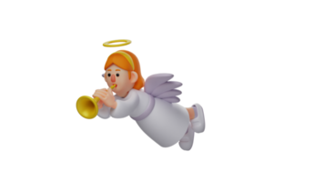 3d illustratie. weinig engel 3d tekenfilm karakter. mooi engel is vliegend in de lucht. de engel was blazen de geel trompet ze was spelen met. 3d tekenfilm karakter png