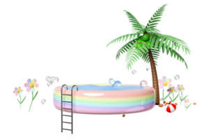 3d aufblasbar Schwimmbad mit Palme Baum, Strand Ball isoliert. Sommer- schmücken Konzept, 3d machen Illustration png