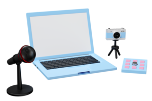 online video live streaming, 3d blank screen laptop computer on table with keypad, microphone, camera isolated. seo, communication applications, notification message, 3d render png