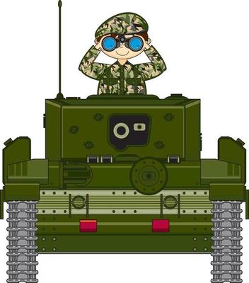 Cute Cartoon Army Soldier with Binoculars in Armoured Tank Military History Illustration