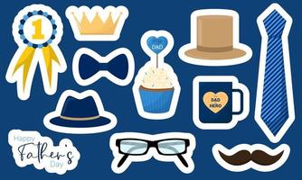 Set of stickers for Happy Fathers Day. Clip art for father day. Hat, mustache, crown, cupcake, cup, tie. vector