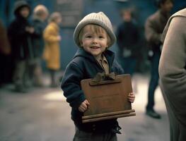 illustration of a little blonde euro boy with a happy expression and holding a board , photo