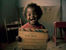 ultra realistic illustration of a little africa boy with a happy expression and holding a board , photo