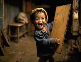 ultra realistic illustration of a little asian boy with a happy expression and holding a board ,generative a photo