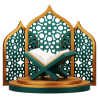 3d render do piedosos Alcorão em pódio mostrar. adequado para Ramadã Mubarak ou islâmico ilustração. png