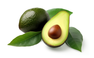 Avocados Obst mit Blätter und geschnitten Avocado generativ ai png