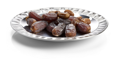 Date des fruits sur une argent traditionnel assiette - génératif ai png