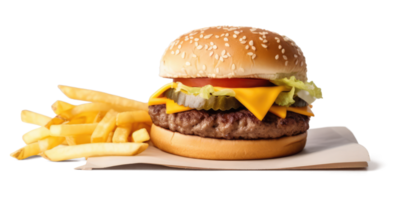 köstlich Burger mit Französisch Fritten auf ein transparent Hintergrund - - ai generiert png