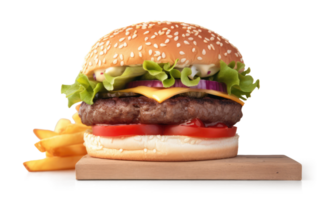 köstlich Burger mit Französisch Fritten auf ein transparent Hintergrund - - ai generiert png