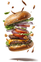 volador hamburguesa en un transparente antecedentes generativo ai png