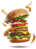 en volant Burger sur une transparent Contexte génératif ai png