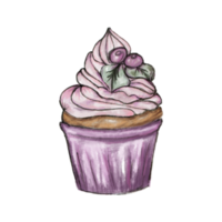 Hand drawn and colored cute blueberry cupcake. Pencil texture sketch of a cupcake on transparent background png