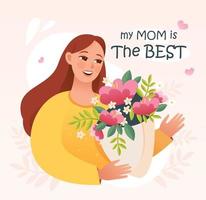 Mother's Day. A postcard for the best mom. Mom is holding a bouquet of flowers. Cartoon vector illustration