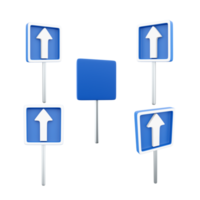 3d rendering one way road sign icon set. 3d render road sign different positions icon set. One way. png