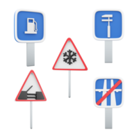 3d rendering gas station, Car maintenance, Drawbridge, End of motorway, danger slippery pavement due to ice or snow road sign icon set. 3d render road sign concept icon set. png