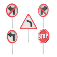 3d le rendu droite tour interdit, dangereux la gauche tourner, mouvement sans pour autant arrêt est interdit, la gauche tour interdit, tour la gauche route signe icône ensemble. 3d rendre route signe concept icône ensemble. png