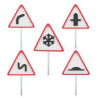 3d rendering danger slippery pavement, dangerous right turn, dangerous turns, intersection with a secondary road, Artificial unevenness road sing icon set. 3d render road sign concept icon set. png