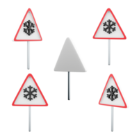 3d rendering danger slippery pavement due to ice or snow different positions icon set. 3d render road sign conceptions icon set. png