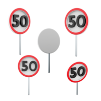 3d rendering Maximum speed limit 50 road sign different positions icon set. 3d render road sign concept icon set. Maximum speed limit. png