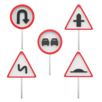 3d rendering U turn, intersection with a secondary road, dangerous turns, artificial unevenness, no overtaking road sign icon set. 3d render road sign concept icon set. png