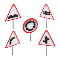 3d rendering roundabout, Railway train level crossing, intersection with a secondary, dangerous right turn, rough road sign icon set. 3d render road sign concept icon set. png