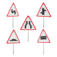 3d rendering Railway train level crossing, Dangerous turns with first left, Artificial unevenness, Intersection with a secondary, Road narrows road sign icon set. 3d render road sign concept icon set. png