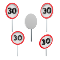 3d rendering Maximum speed limit 30 road sign different positions icon set. 3d render road sign concept icon set. Speed limit. png