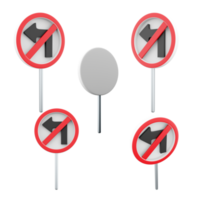 3d rendering Left turn prohibited road sign different positions icon set. 3d render road sign concept icon set. No left turn. png