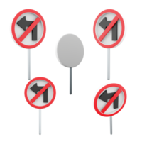 3d rendering Left turn prohibited road sign different positions icon set. 3d render road sign concept icon set. No left turn. png