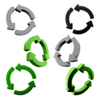 3d rendering Recycling icon set. 3d render tiangle made of green arrows different positionc icon set. Recycle. png