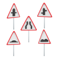 3d interpretazione artificiale irregolarità, intersezione con un' secondario, strada si restringe, ruvido strada cartello icona impostare. 3d rendere strada cartello concetto icona impostare. png