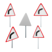 3d rendering Dangerous right turn road sign different positions icon set. 3d render road sign concept icon set. Dangerous right turn. png