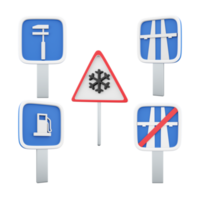 3d rendering End of motorway, danger slippery pavement due to ice or snow, motorway, Car maintenance, gas station road sign icon set. 3d render road sign concept icon set png