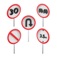 3d representación máximo velocidad límite 30, tu doblar, No adelantamiento, prohibir el paso de vehículos con un altura de más que 3,5 metros, No estacionamiento la carretera firmar icono colocar. 3d hacer la carretera firmar concepto icono. png