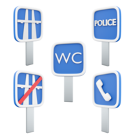 3d renderen snelweg, einde van snelweg, politie, toilet, telefoon weg teken icoon set. 3d geven weg teken concept icoon set. png