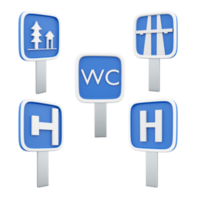 3d rendering resting place, motorway, toilet, dead end on the left, hospital road sign icon set. 3d render road sign concept icon set. png