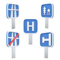 3d renderen einde van snelweg, snelweg, ziekenhuis, resting plaats, dood einde weg teken icoon set. 3d geven weg teken concept icoon set. png