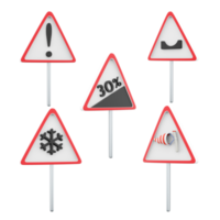 3d rendering steep climb 30 percent, hole on the road, Other hazards, danger slippery pavement due to ice or snow, side wind road sign icon set. 3d render road sign concept icon set. png