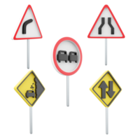 3d rendering road narrows, falling stones, two way traffic, no overtaking, dangerous right turn road sign icon set. 3d render road sign concept icon set. png
