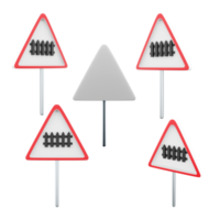 3d rendering Railway train level crossing road sign different positions icon set. 3d render road sign concept icon set. Railway train level crossing. png