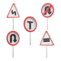 3d rendering Railway train level crossing, T traffic Transport, Dangerous turns with first left, No U turn, U-Turn road sign icon set. 3d render road sign concept icon set. png