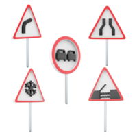 3d rendering road narrows, no overtaking, drawbridge, dangerous right turn, danger slippery pavement due to ice or snow road sign icon set. 3d render road sign concept icon set. png