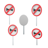 3d rendering Sound signal is prohibited road sign different positions icon set. 3d render road sign concept icon set. Sound signal is prohibited. png
