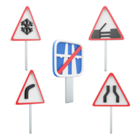 3d tolkning väg smalnar av, slutet av motorväg, klaffbro, farlig rätt sväng, fara hal trottoar på grund av till is eller snö väg tecken ikon uppsättning. 3d framställa väg tecken begrepp ikon uppsättning. png