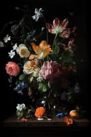 Beautiful bunch of colorful flowers on black background in vintage style. Festive flowers concept with copy space. .Created with photo