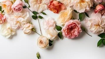 Flower composition. Red poppy flowers on white marble background. Flat lay. Top view. Wedding background. Festive concept. .Created with photo