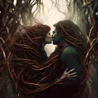 Couple kissing while sitting together in a forest. .Created with photo